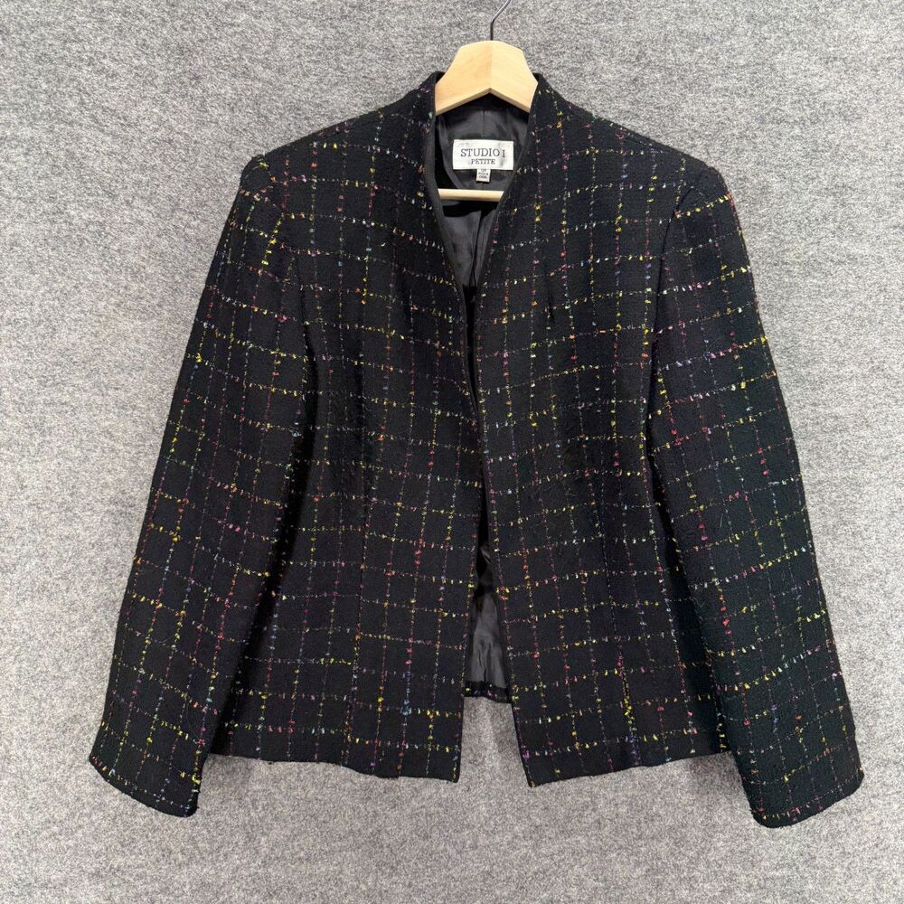 Studio I Blazer Women 12P Petite Black Plaid Open Front Long Sleeve Lined Casual - Picture 1 of 7